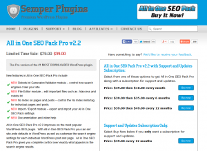 All in One SEO Pack Pro (semperplugins.com/plugins/all-in-one-seo-pack-pro-version) sales page full size image