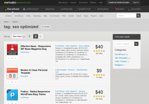 ThemeForest 'SEO Optimized' Wordpress Themes (themeforest.net/tags/seo optimized) page full size image